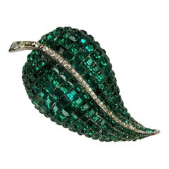 Invisibly Set Sterling Emerald Leaf Brooch