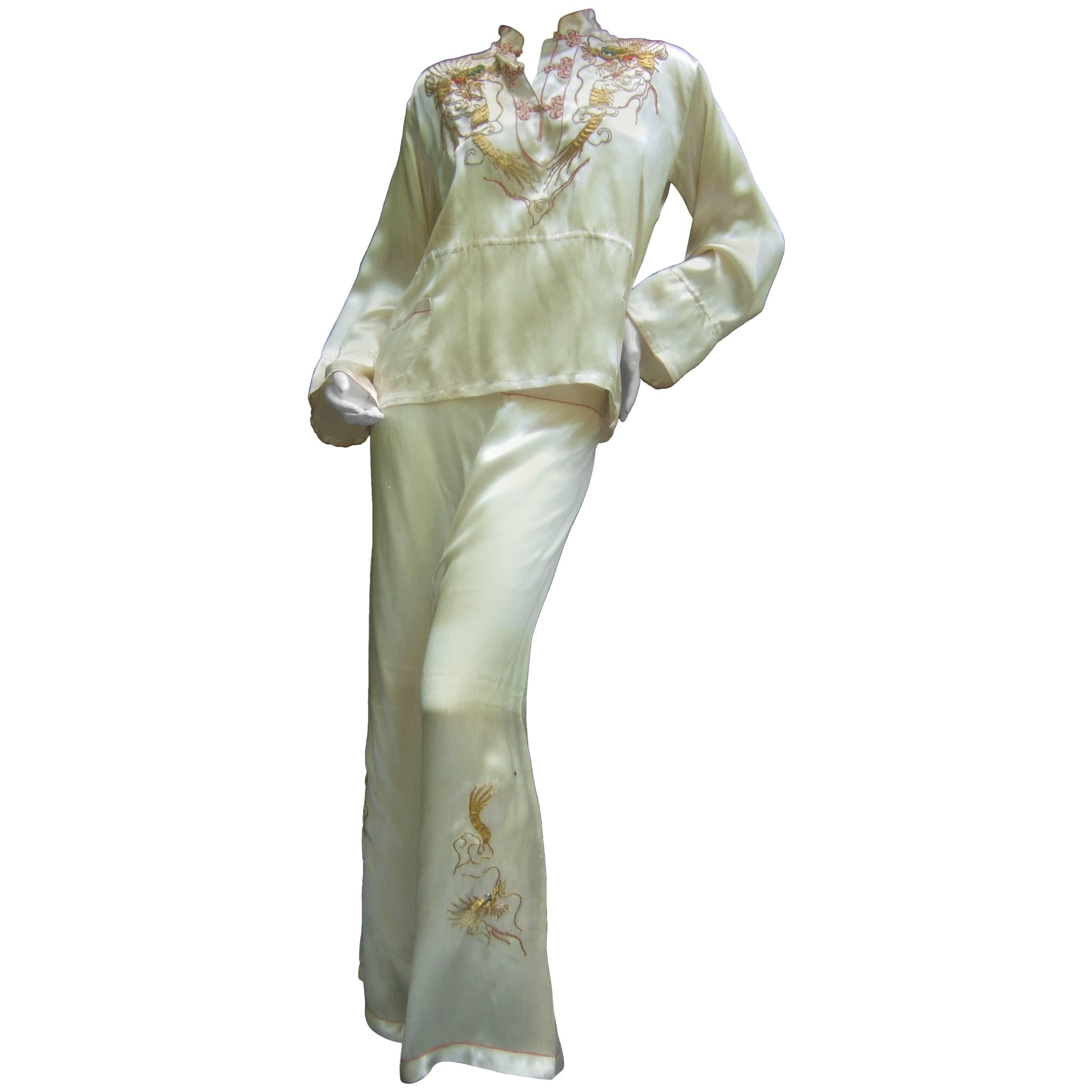 Luxurious Ivory Satin Asian Embroidered Lounge Pajamas c 1950s