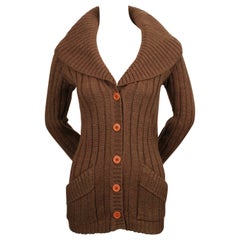 1970's YVES SAINT LAURENT brown ribbed cardigan sweater with shawl collar