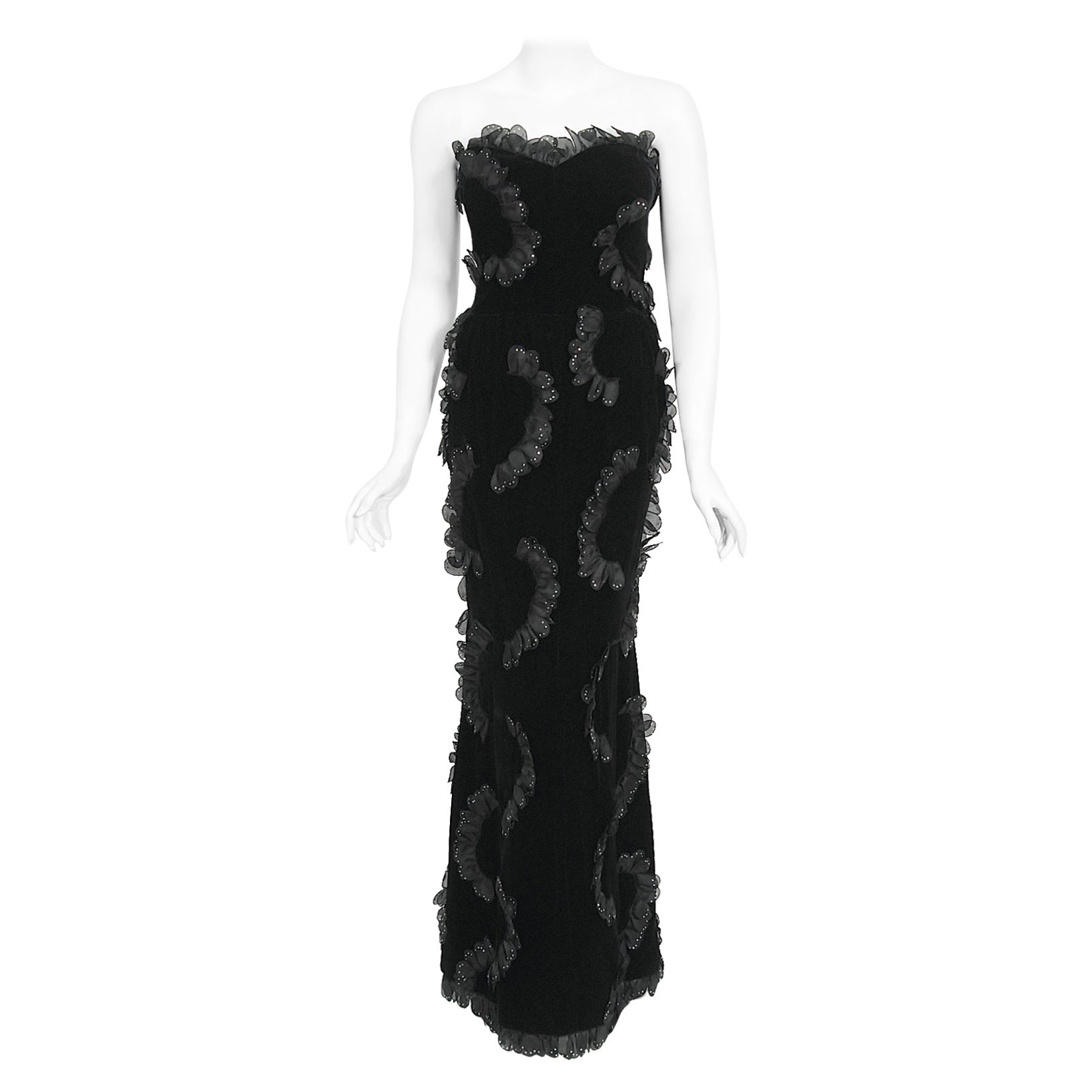 1984 Givenchy Haute Couture Documented Silk Petal Appliqué Velvet Hourglass Gown For Sale