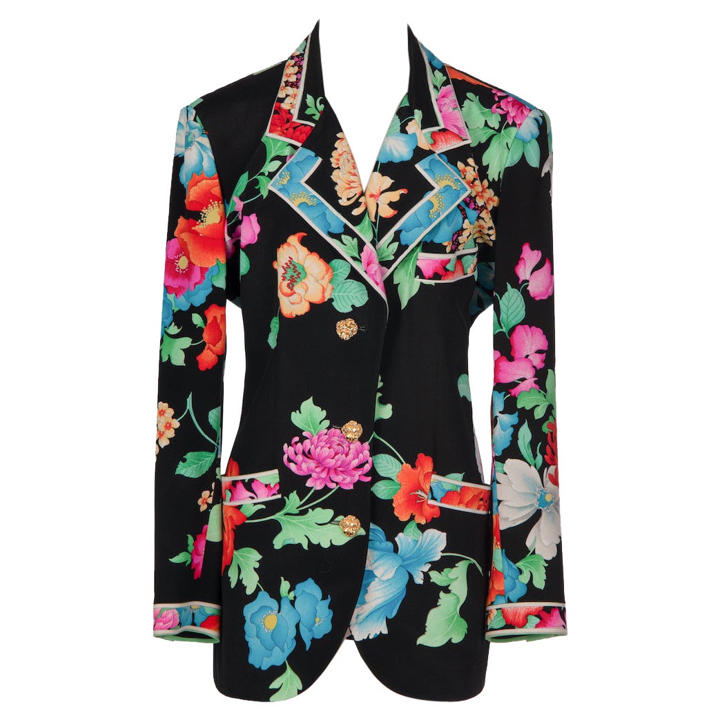 LEONARD PARIS Black & Multicoloured Floral Print Silk Blazer Jacket , 1980s For Sale
