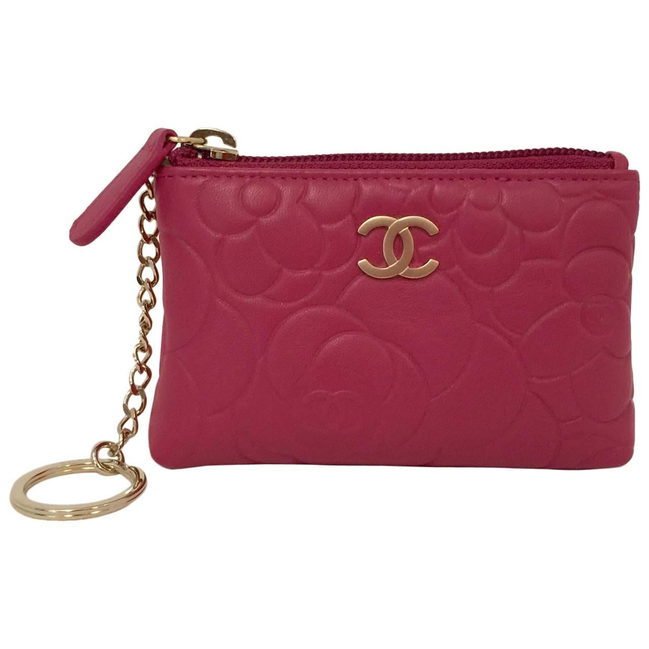 Chanel Fuchsia Camellia Stamped Leather O-Key Holder With Box Serial No 16132442