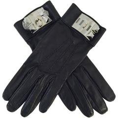 Luxurious Hermes Collier de Chien Black Lambskin Gloves Above Excellent/Box