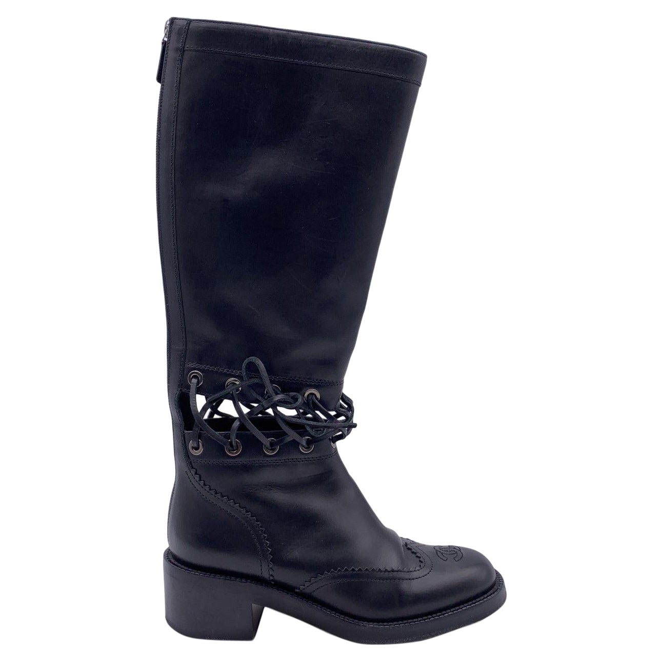 Chanel Black Leather 2016 Lace-Up Cutout CC Knee High Boots Size 38 For Sale