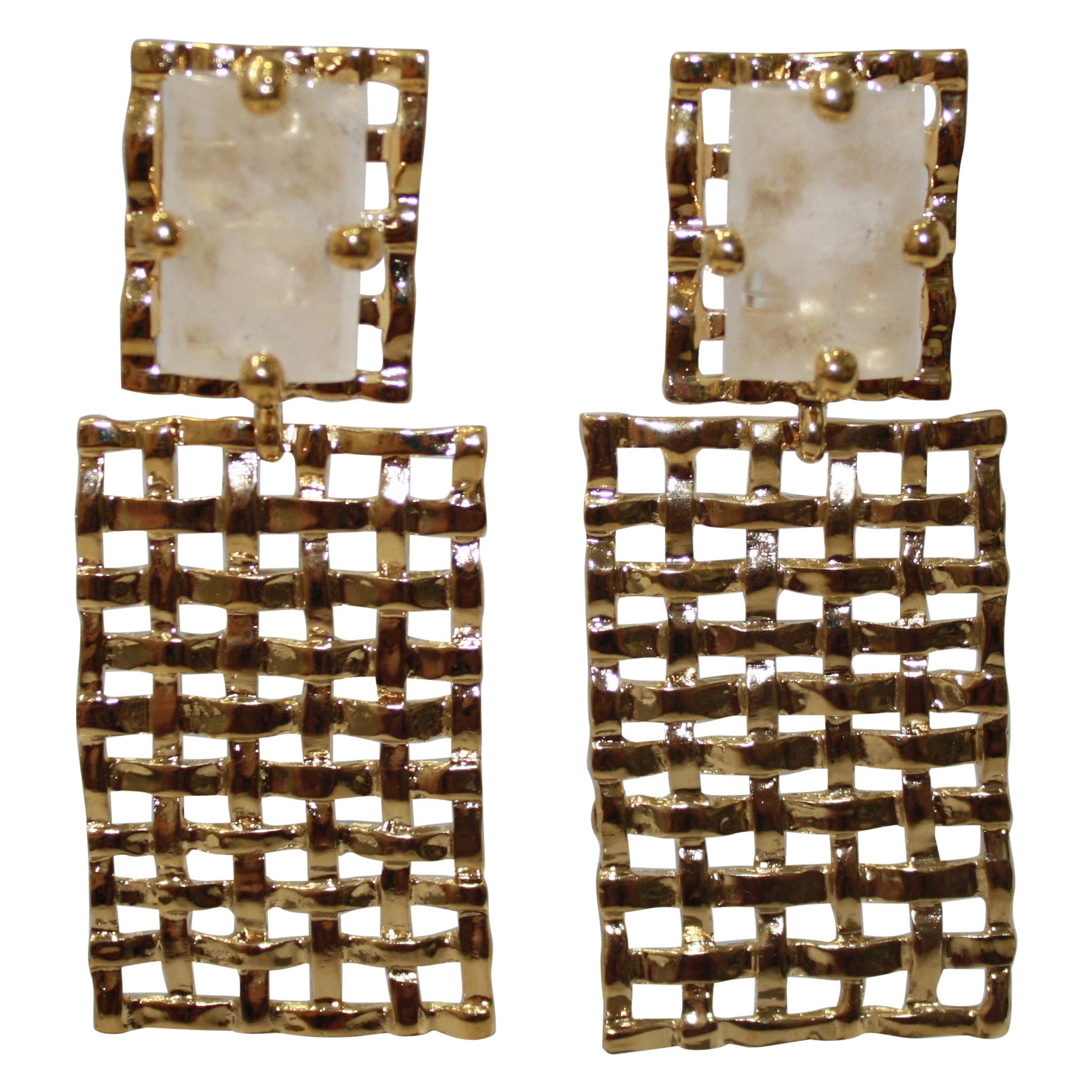 Basket Weave 24-carat Gilded Bronze and Rock Crystal Earrings