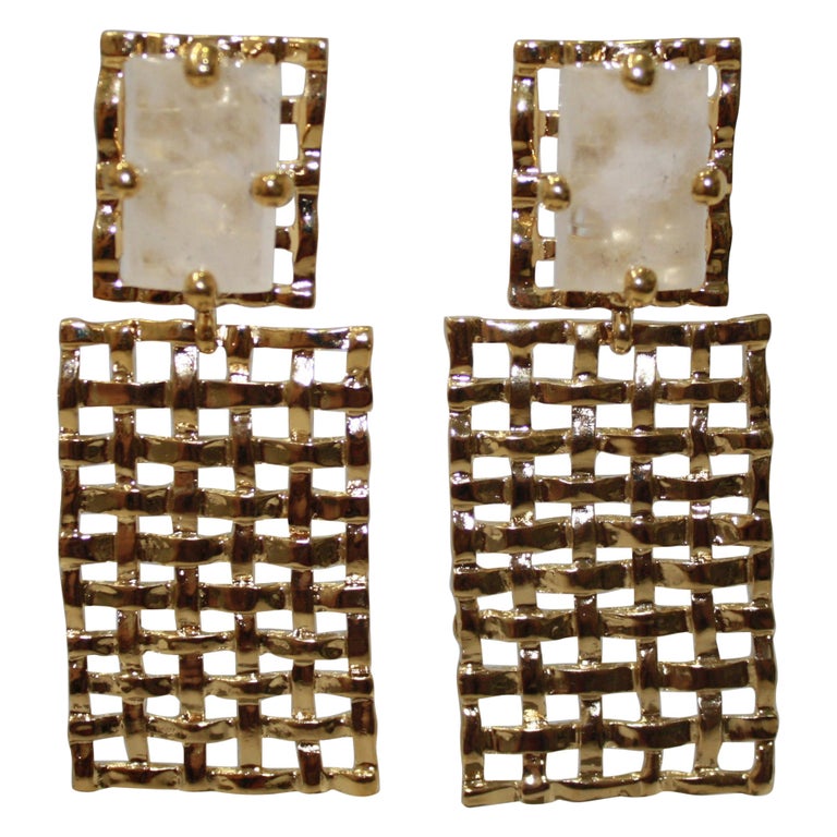 Basket Weave 24-carat Gilded Bronze and Rock Crystal Earrings For Sale
