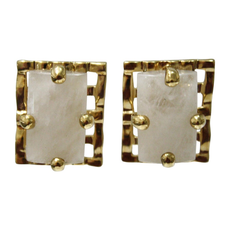 24-Carat Gilded Bronze and Rock Crystal Clip Earrings For Sale