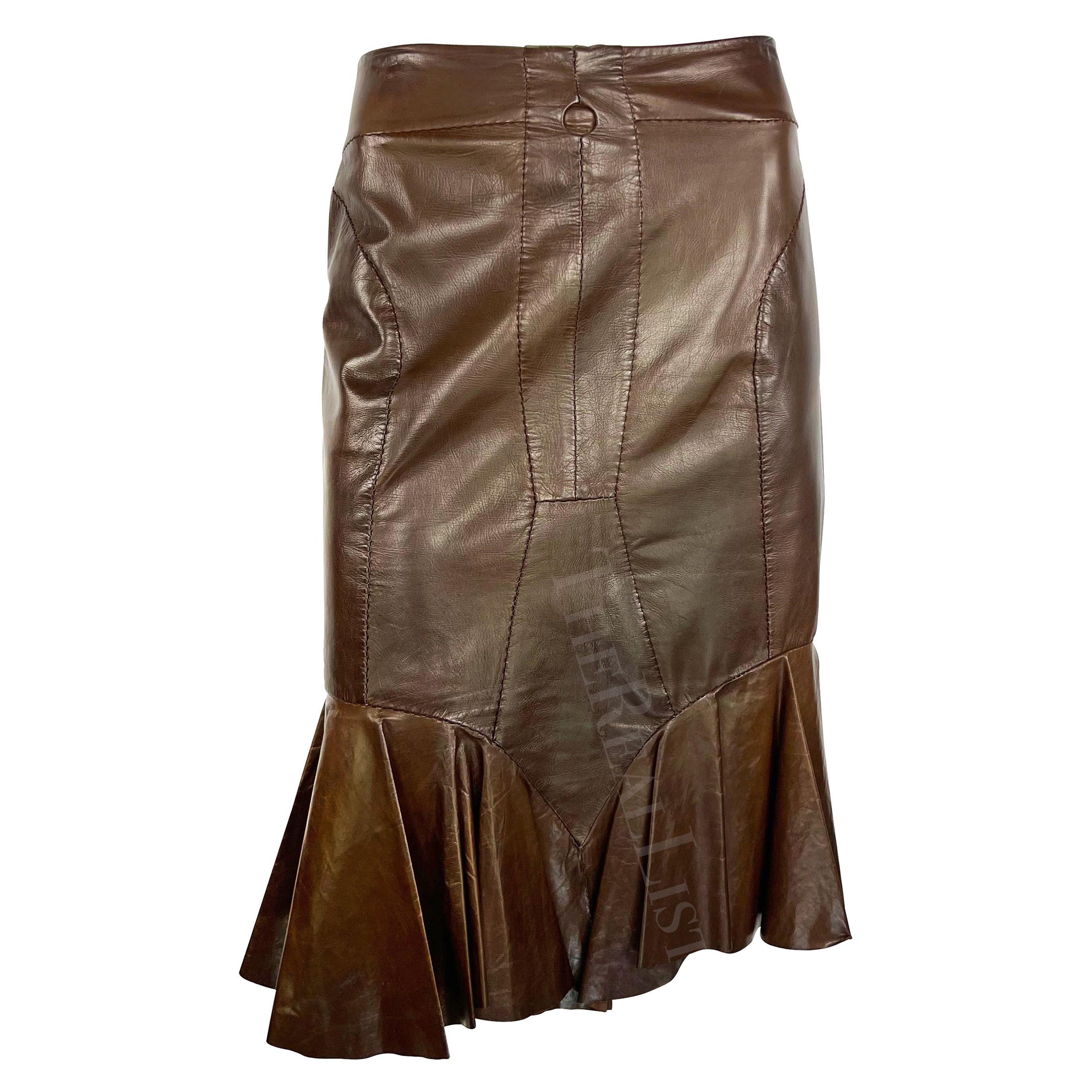 S/S 2003 Yves Saint Laurent by Tom Ford Anatomic Brown Leather Ruffle Skirt For Sale