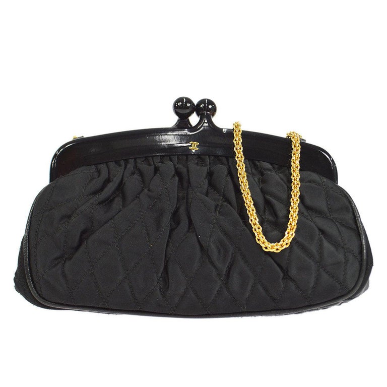 CHANEL Black Satin Gold Small Mini Evening Kisslock Shoulder Clutch Bag