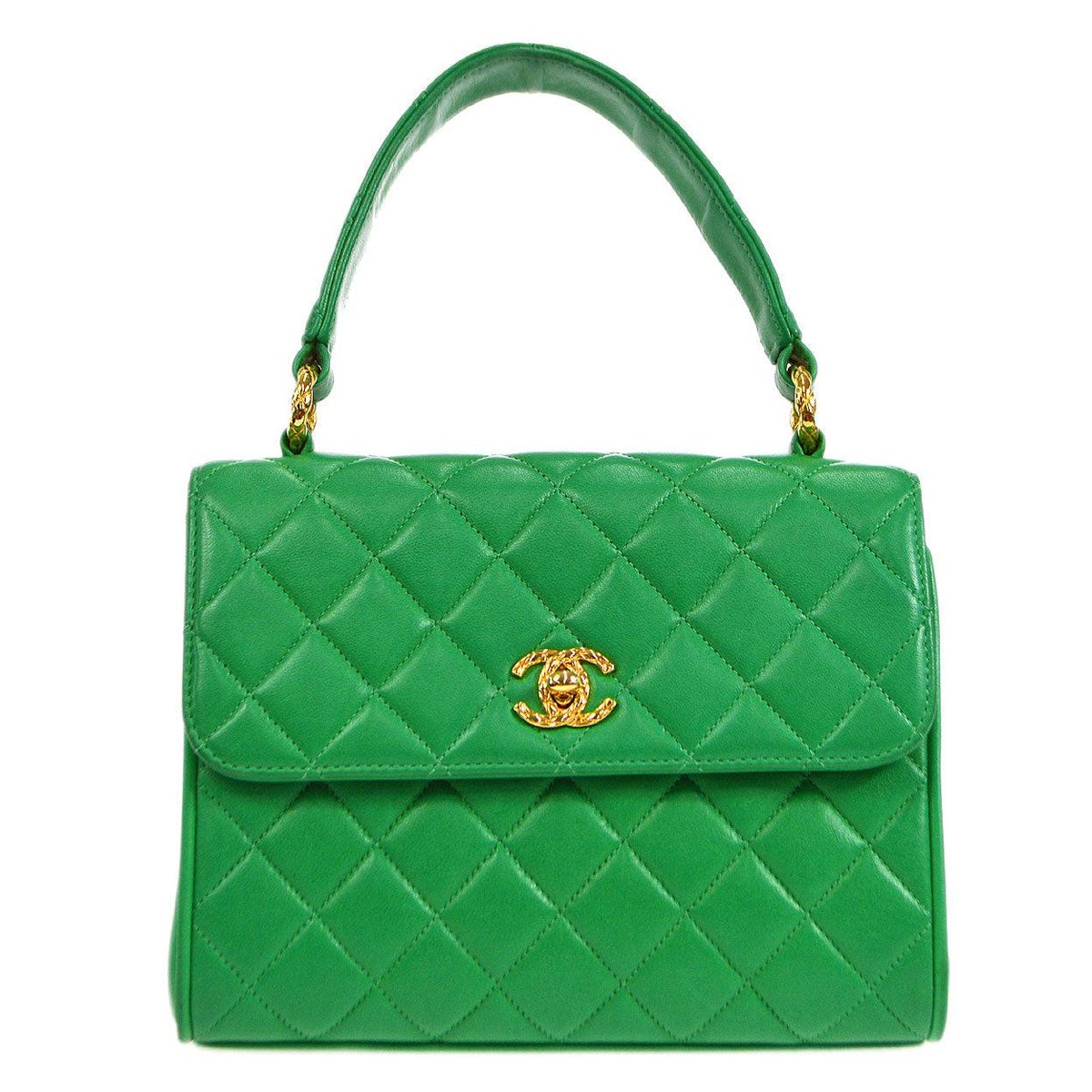 CHANEL Emerald Green Lambskin Leather Gold Small Top Handle Evening Flap Bag
