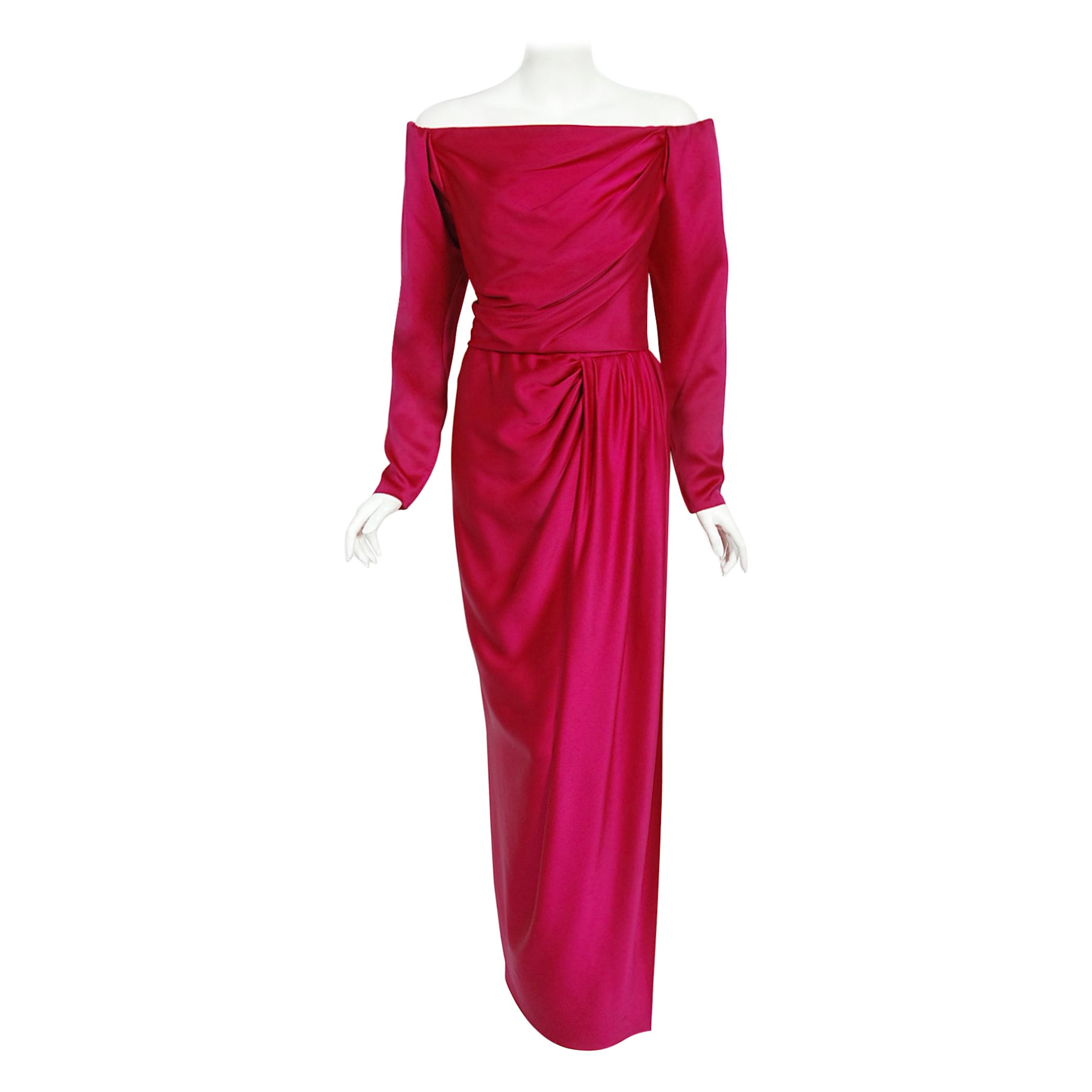 Vintage 1989 Yves Saint Laurent Haute Couture Pink Silk Off-Shoulder Draped Gown For Sale