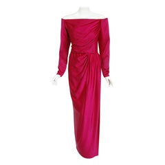 Vintage 1989 Yves Saint Laurent Haute Couture Pink Silk Off-Shoulder Draped Gown