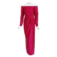 1989 Yves Saint Laurent Haute Couture Magenta Pink Silk Off-Shoulder Draped Gown