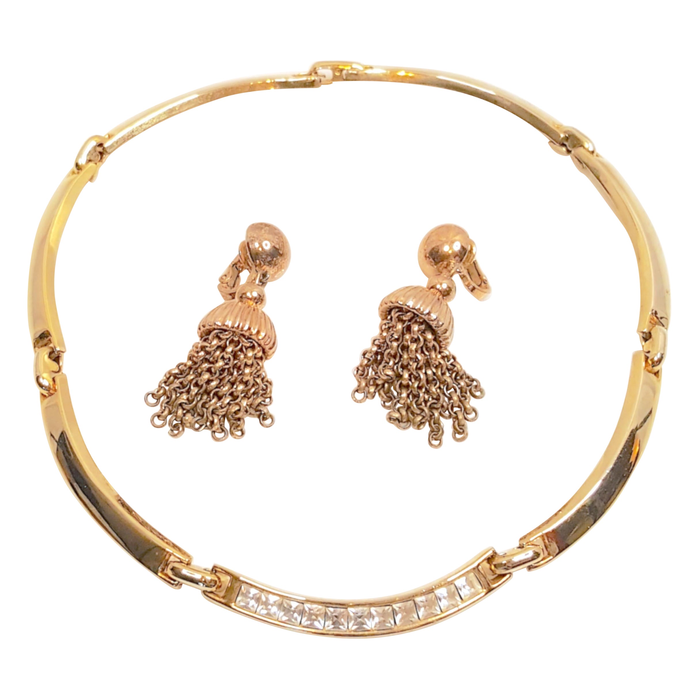 Trifari AlfredPhilippe GoldDemiParure Boucles d'oreilles à pampilles et collier à maillons en cristal en vente