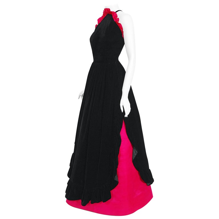 Vintage Chanel Haute Couture Black Velvet and Shocking Pink Silk Halter Gown For Sale
