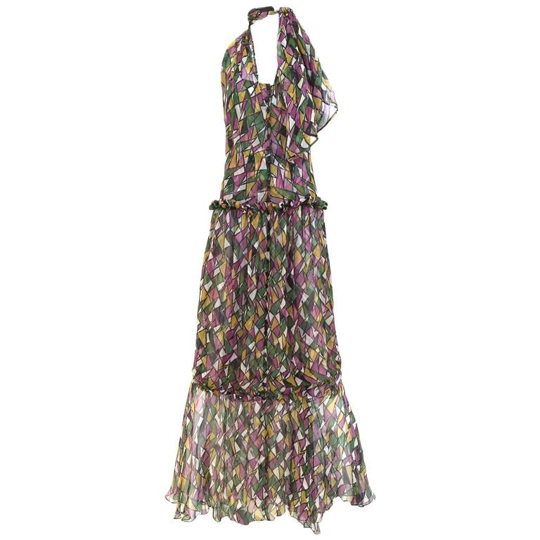 Vintage Yves Saint Laurent multi color silk halter print maxi cocktail