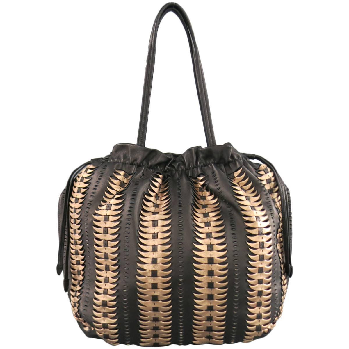 ELIE TAHARI Black & Copper Woven Leather Drawstring Tote Bag