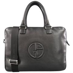 GIORGIO ARMANI Logo Embossed Black Textured Leather Briefcase Satchel