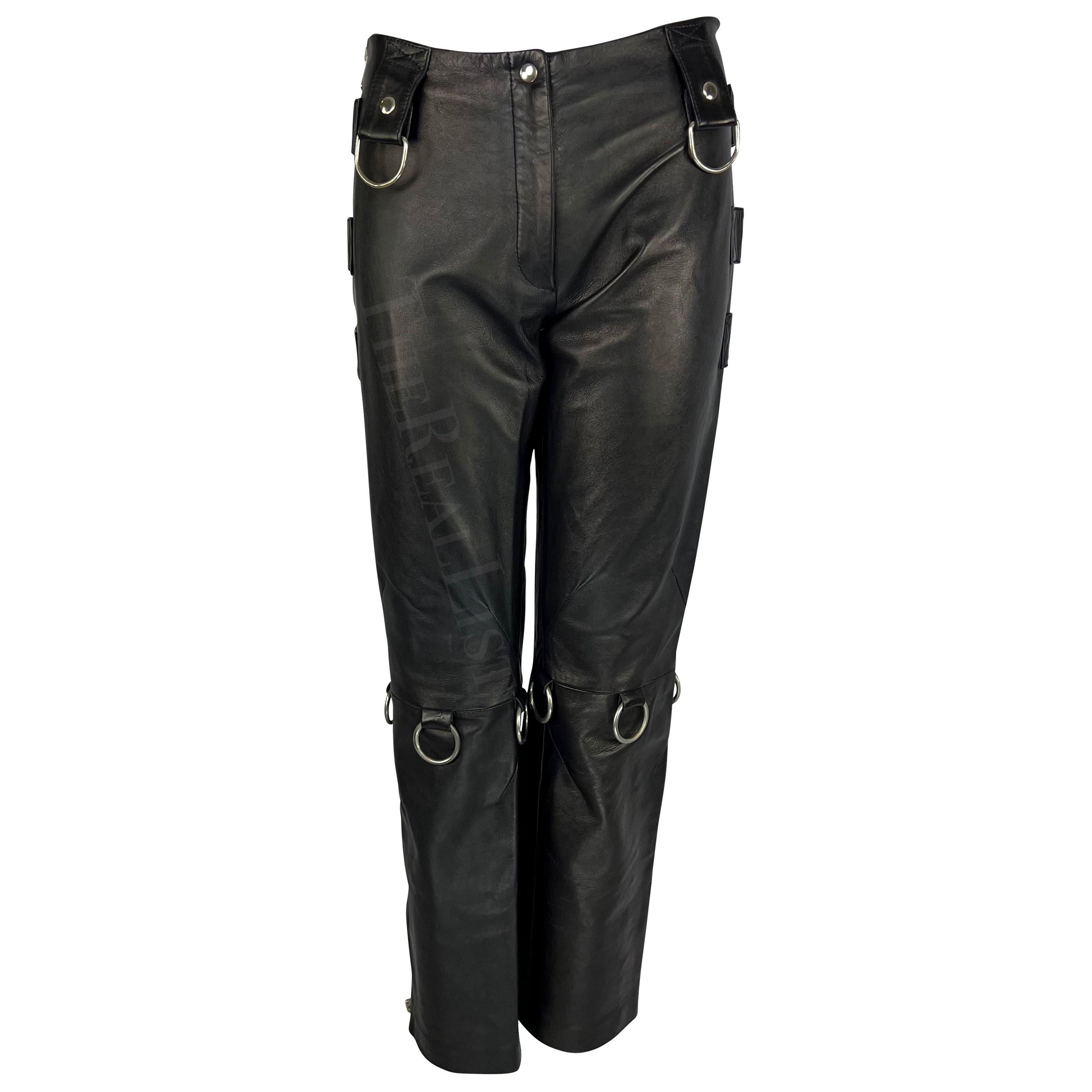 S/S 2000 Dolce & Gabbana Aaliyah Runway Black Leather Zipper Ring Moto Pants For Sale