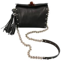 LANVIN Black Studded Leather Tortoise Closure Chain Strap Tasell Cross Body