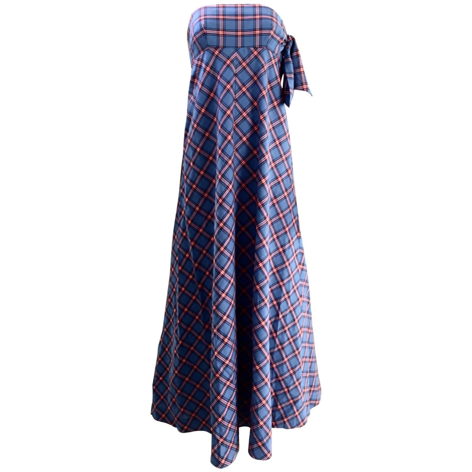 1970s Anne Klein Cotton Strapless Blue plaid maxi dress