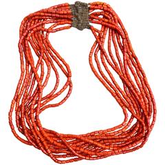Old Coral Glass Konyak Naga Necklace / Large