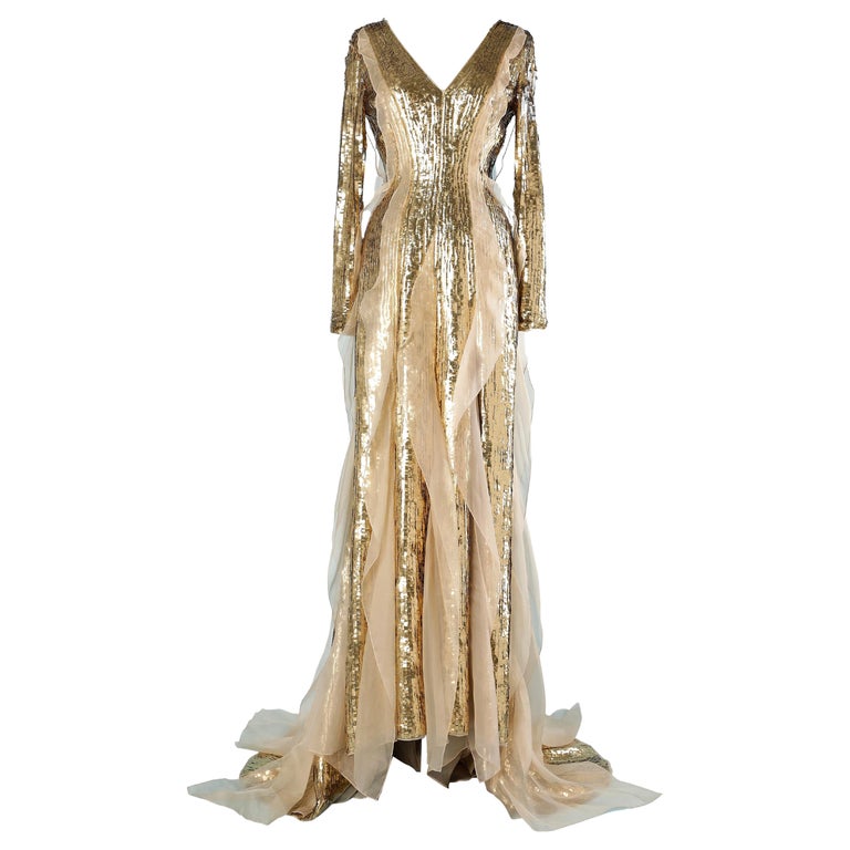 Gold sequin evening gown with beige silk ruffles Carolina Herrera  For Sale