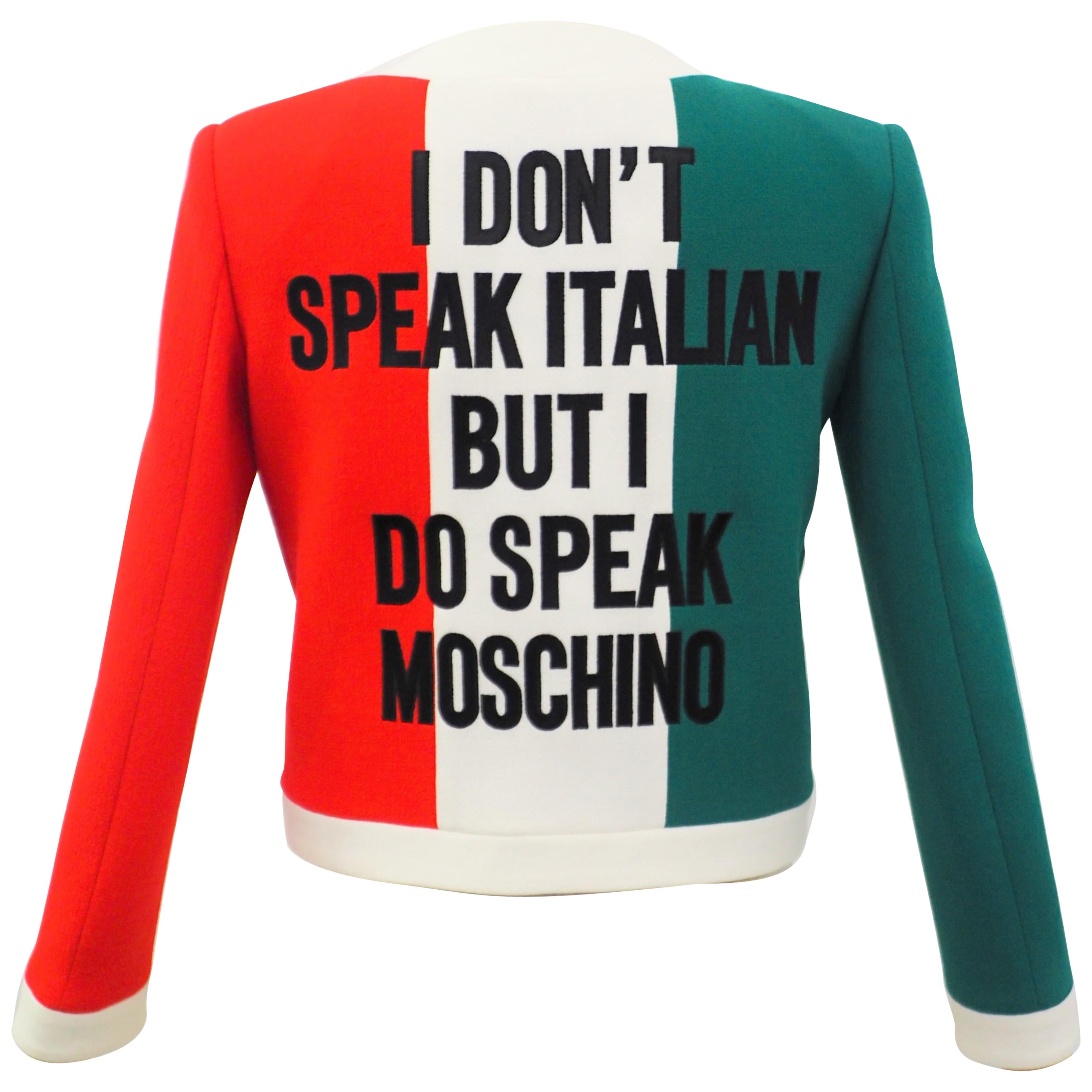 Moschino „Ich spreche nicht Italienisch, aber ich spreche Moschino“ Italienische Flaggenjacke, neu mit Etikett im Angebot