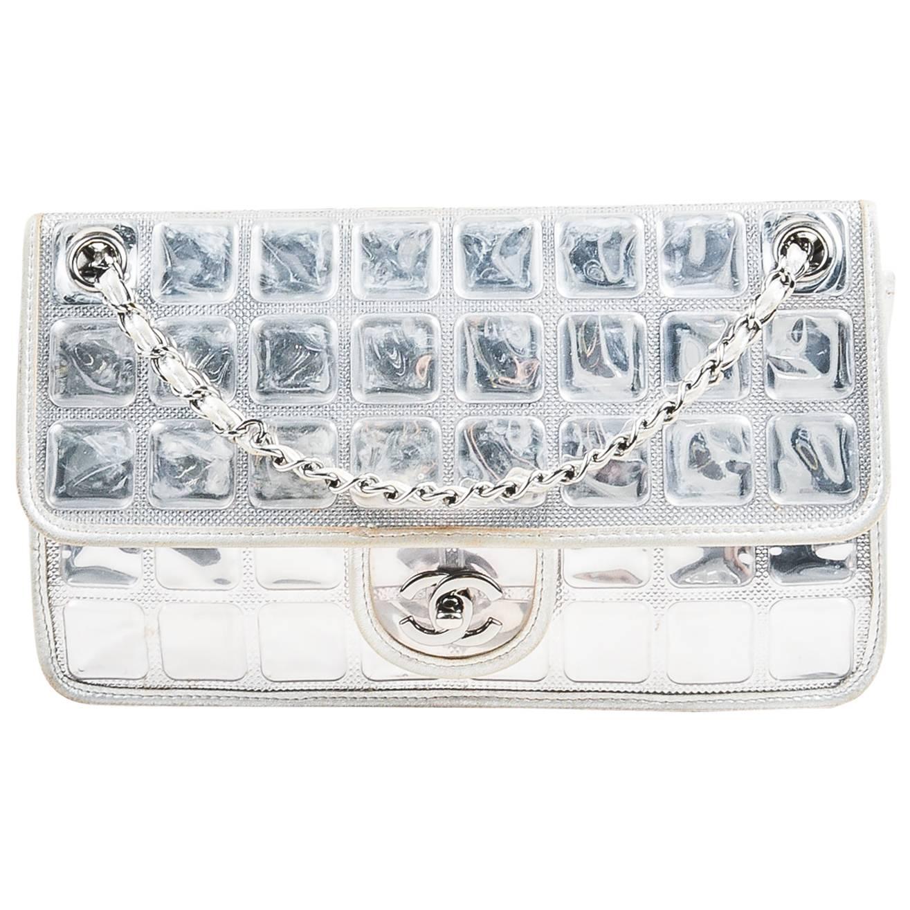 Chanel Silver Metallic Leather Coated "Ice Cube" Classic Flap Shoulder Bag For Sale