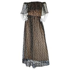 1970s Jean Louis Dotted Net 
Silk Off Shoulder Dress