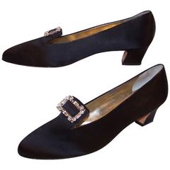 1980's Salvatore Ferragamo Edwardian Style Black Satin Evening Shoes 