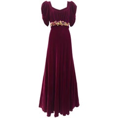 1930s Maroon silk velvet gown with floral applique
