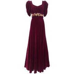 1930s Maroon silk velvet gown with floral applique 9