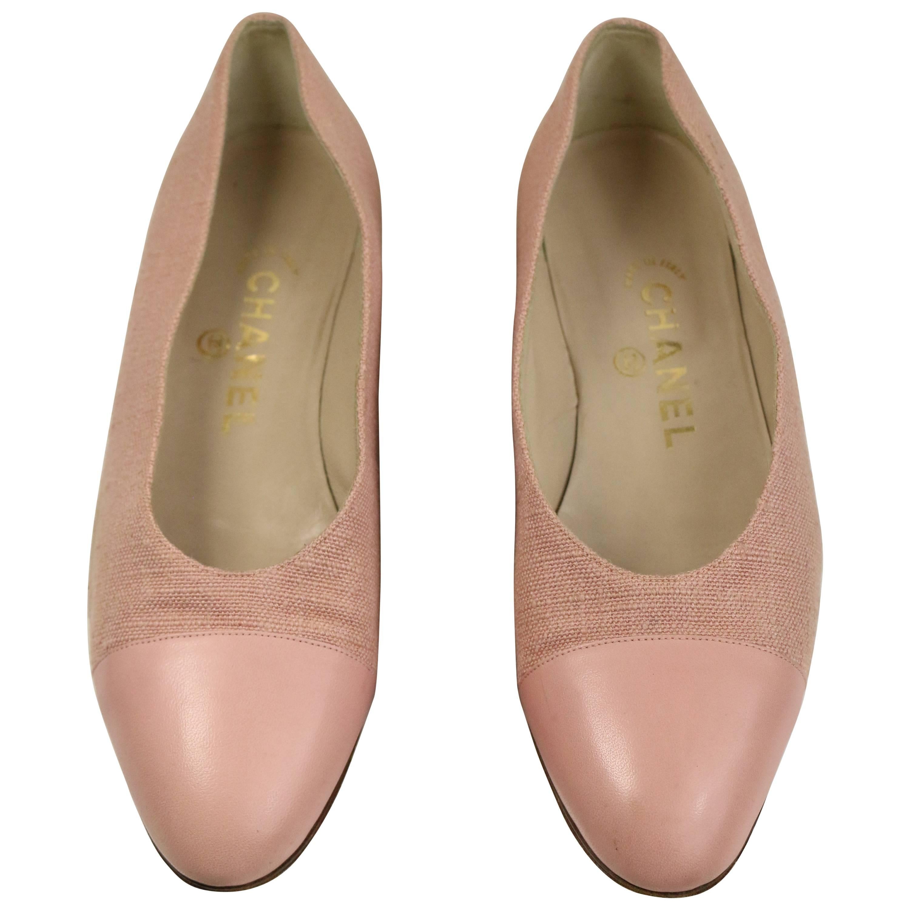 Chanel Pink Tweed Leather Cap Ballerina Flats