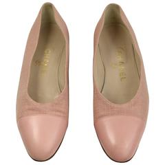 Vintage Chanel Pink Tweed Leather Cap Ballerina Flats