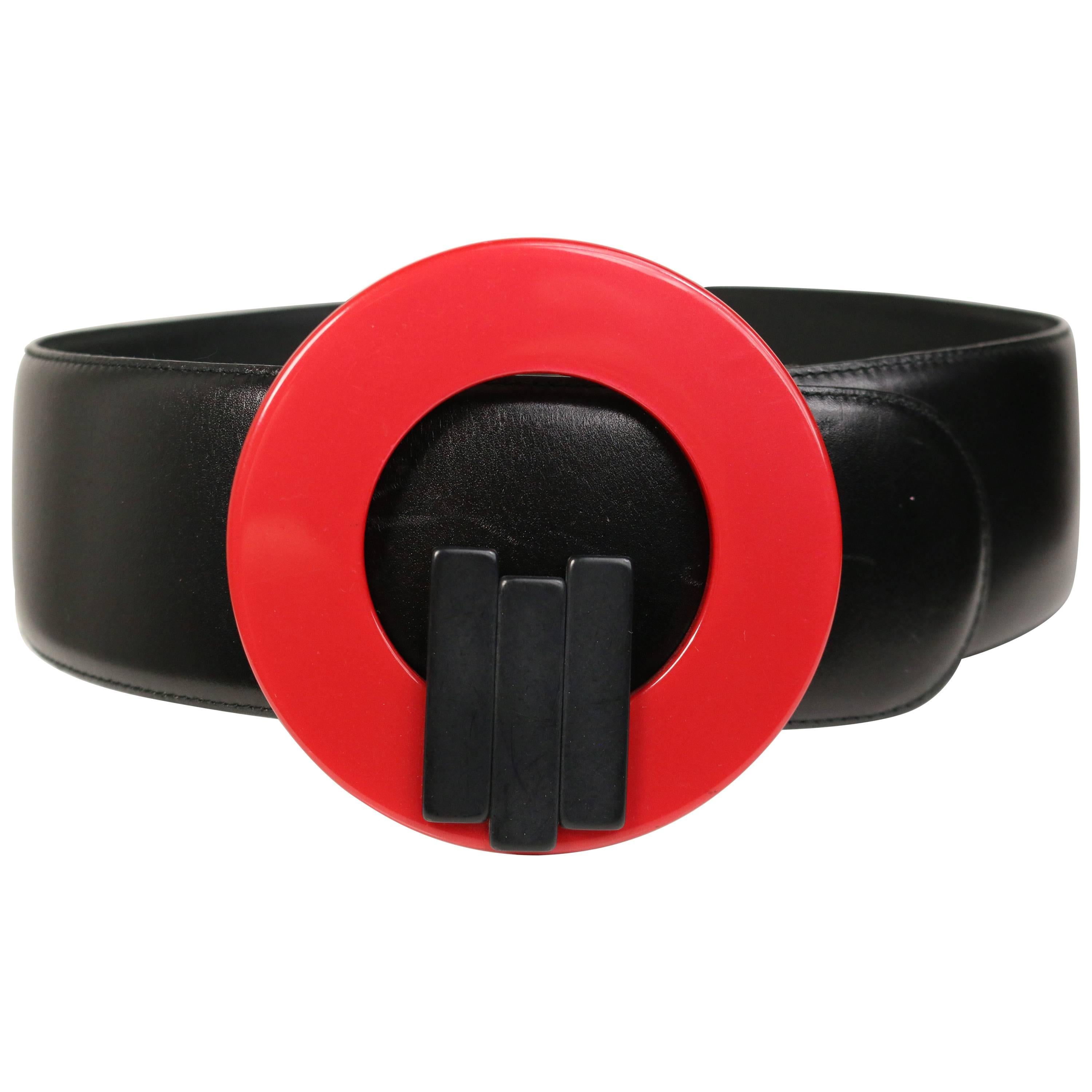 Charles Jourdan Red Buckle Black Leather Belt For Sale