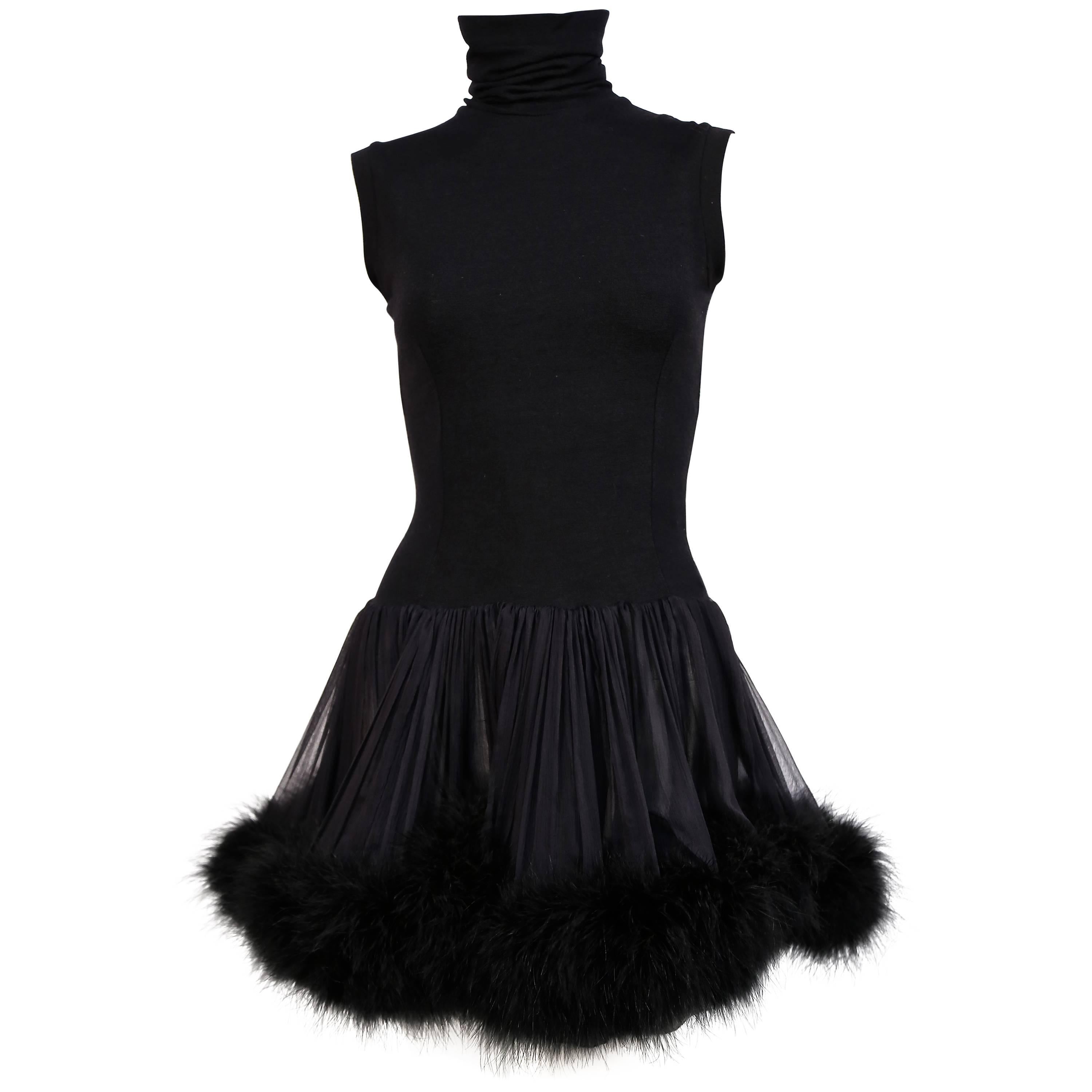 1980's DOLCE & GABBANA wool mini dress with silk and marabou feather trim