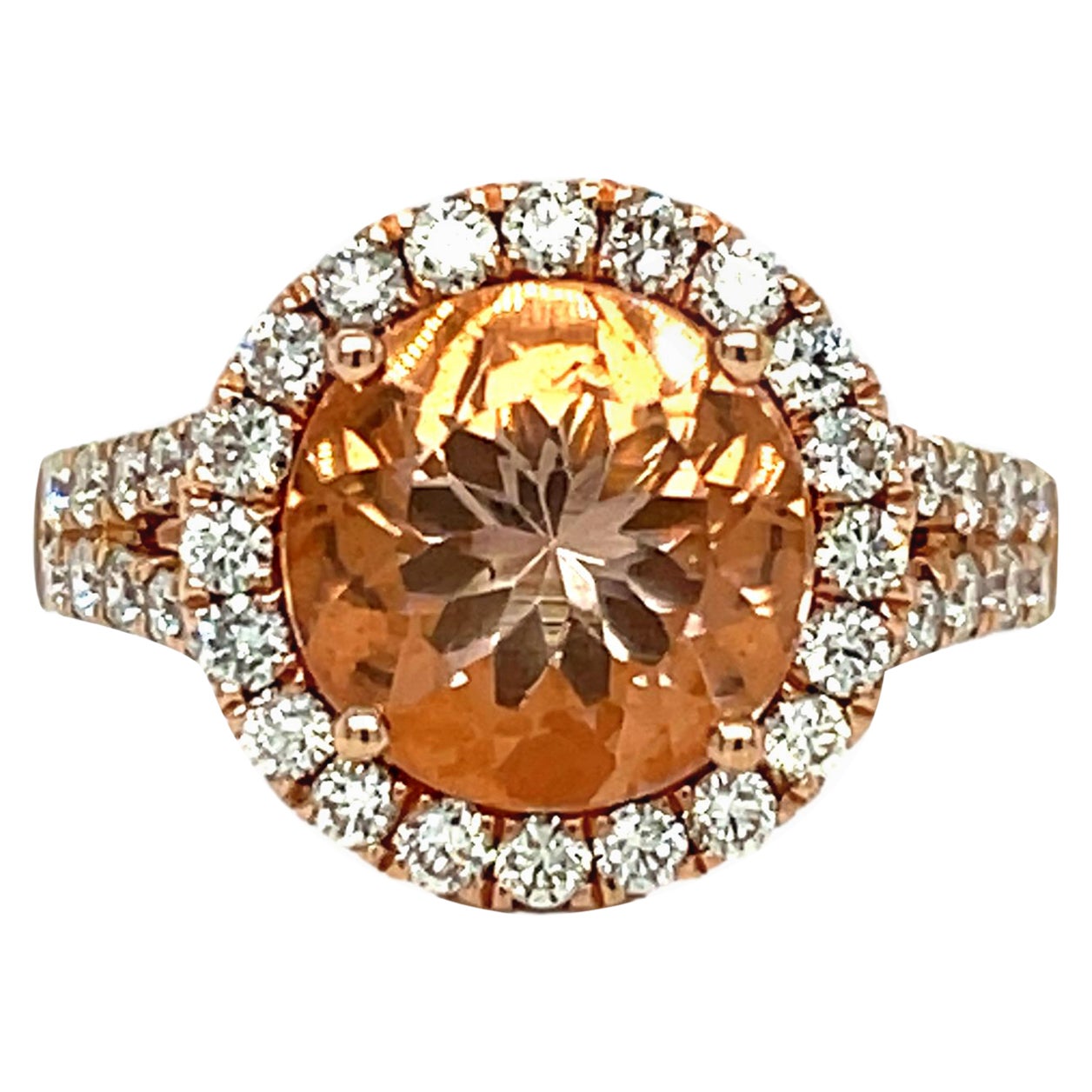 Morganite and Diamond halo ring in 14K Rose Gold For Sale