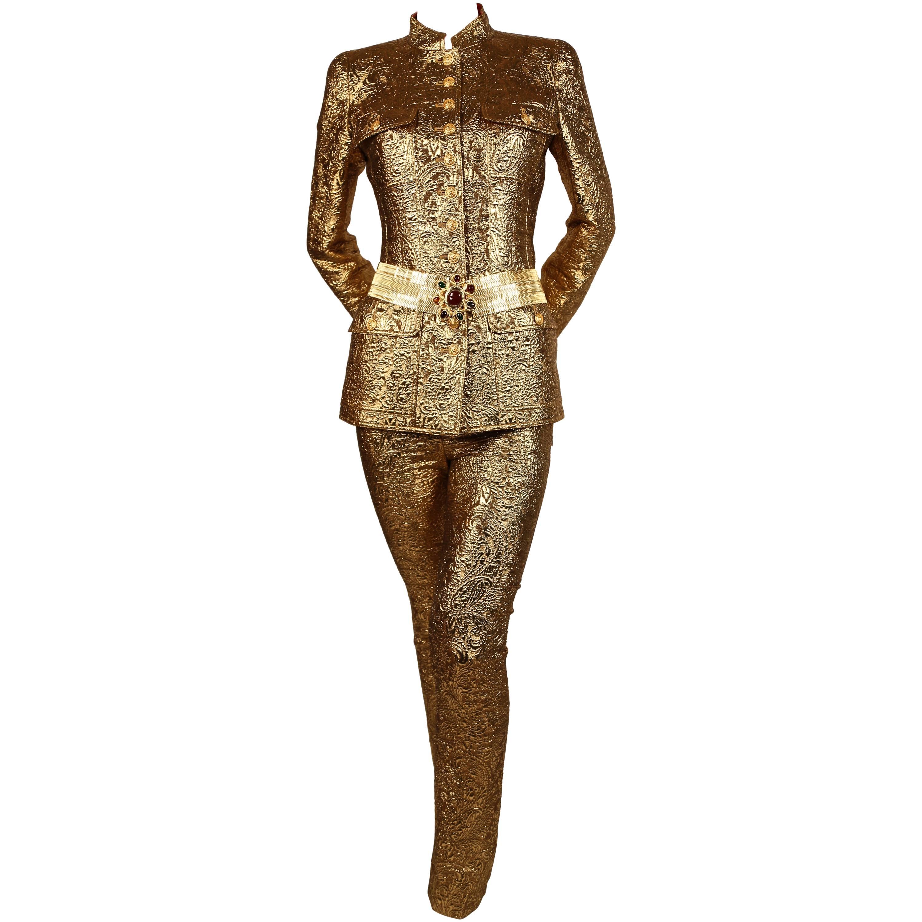 Rare 1996 CHANEL gold metallic Lesage quilted suit with Gripoix belt