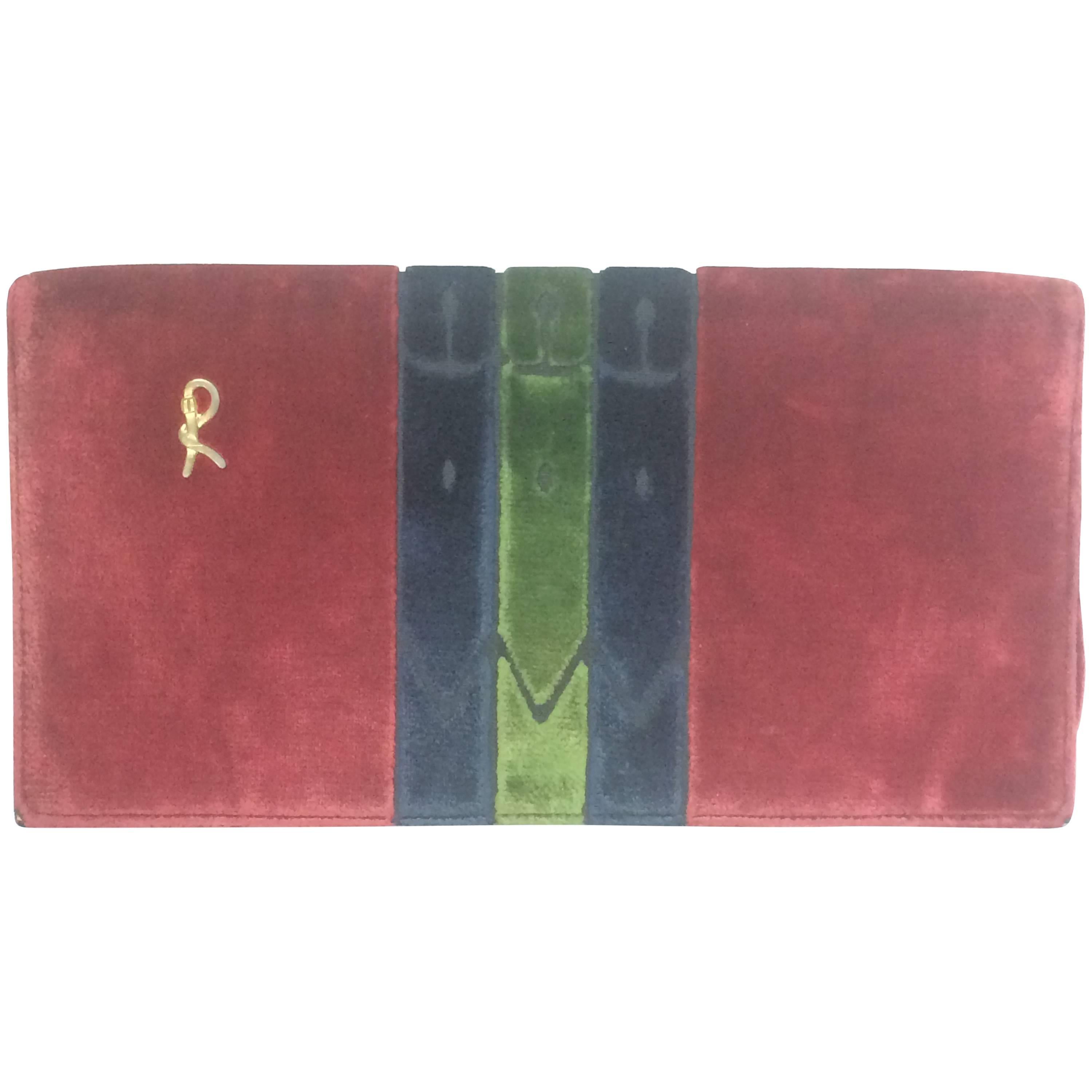 80's Vintage Roberta di Camerino velvet, chenille clutch in red, navy and green.