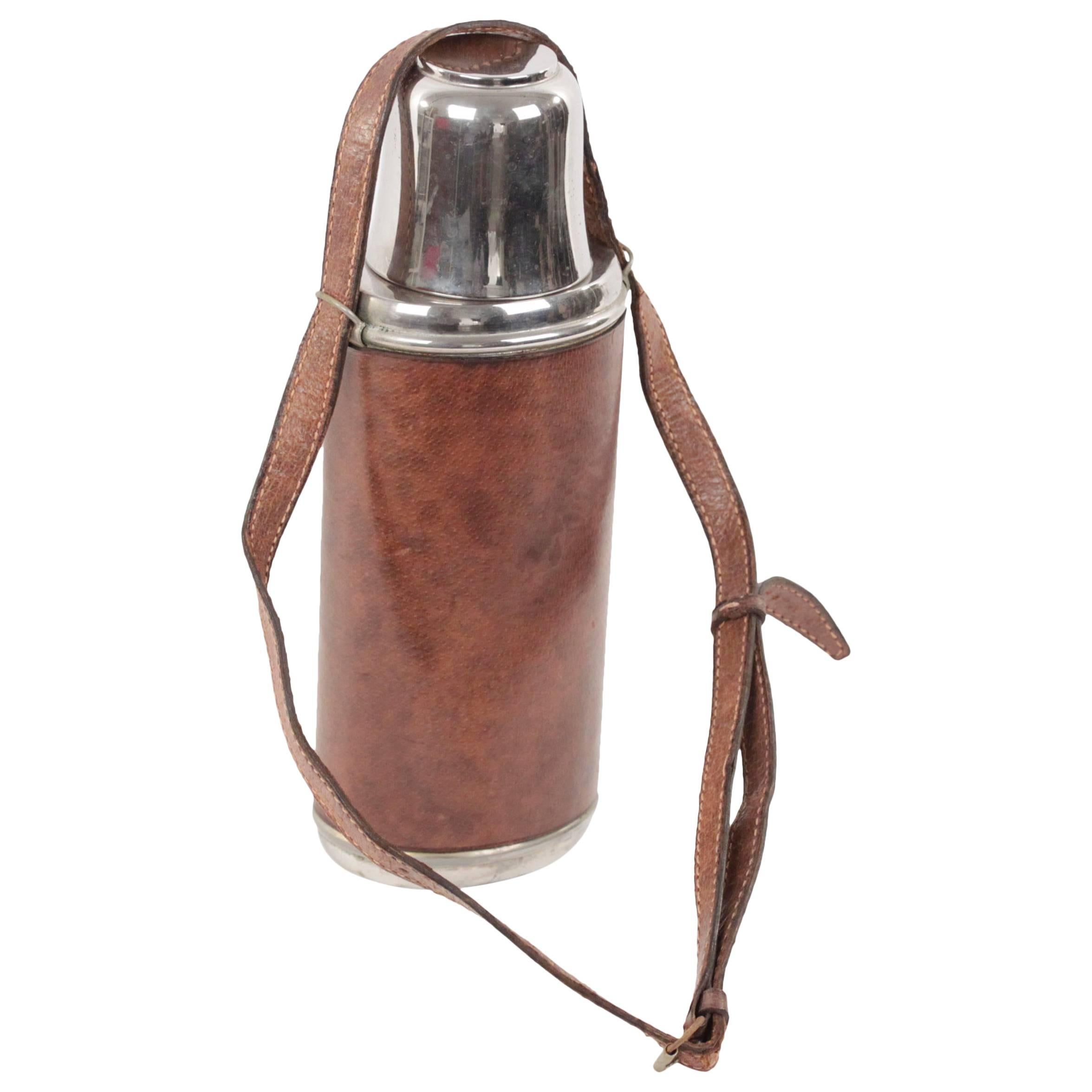 GUCCI VINTAGE Brown Leather THERMOS Vacuum Flask w/ Shoulder Strap