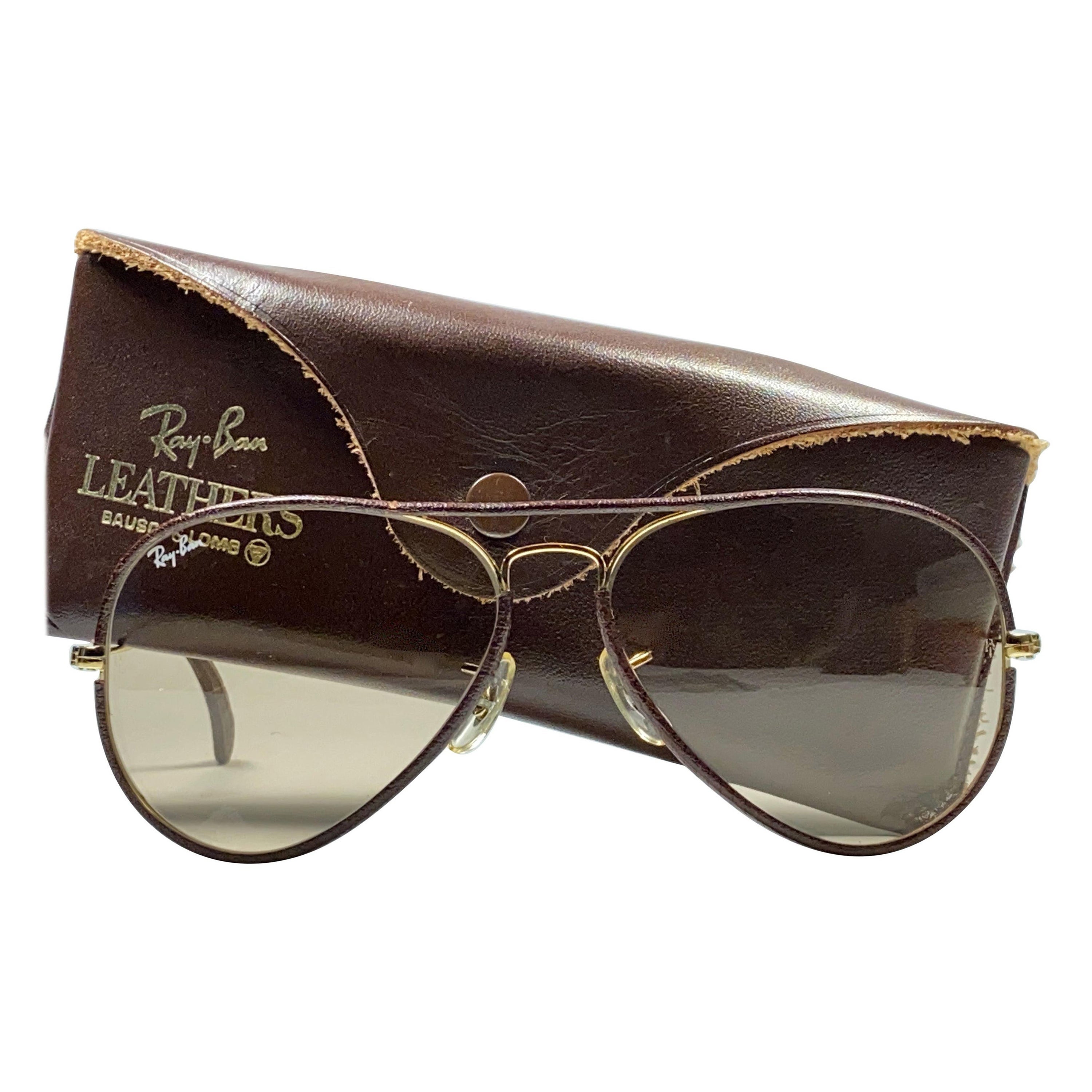 Vintage Ray Ban Vintage Brown Leathers Aviator Changeable Lens 62 B&L Sunglasses For Sale