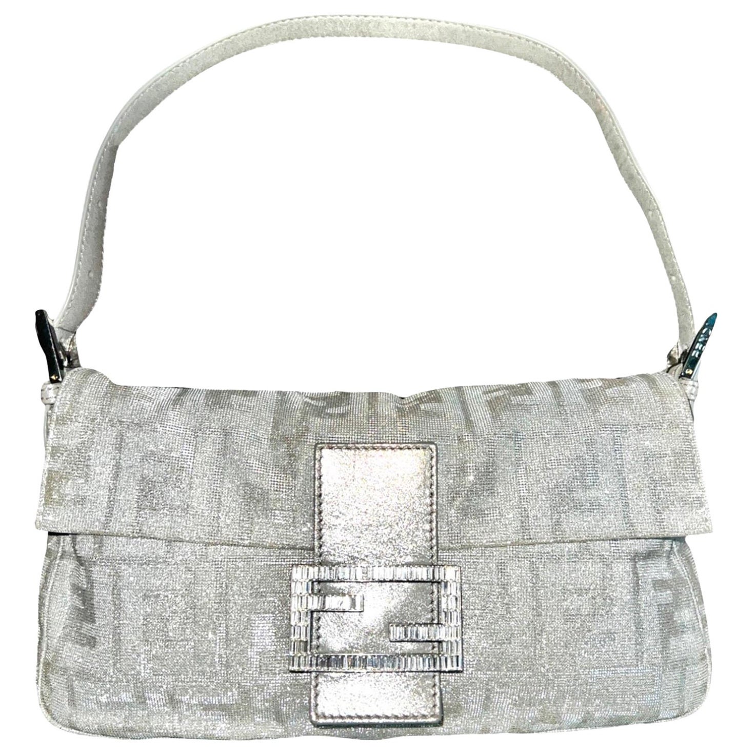 FENDI Sparkling Silver Metallic FF Zucca Logo Baguette Handbag 