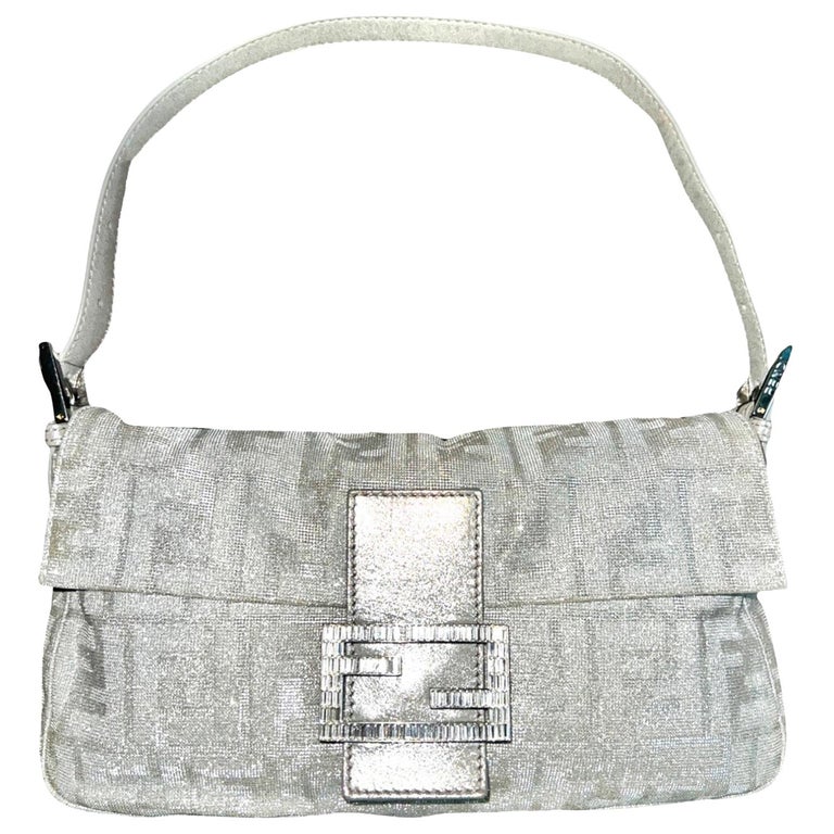 FENDI Sparkling Silver Metallic FF Zucca Logo Baguette Handbag For Sale at  1stDibs