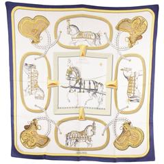 HERMES PARIS Vintage Blue Silk GRAND APPARAT SCARF Jacques Eudel