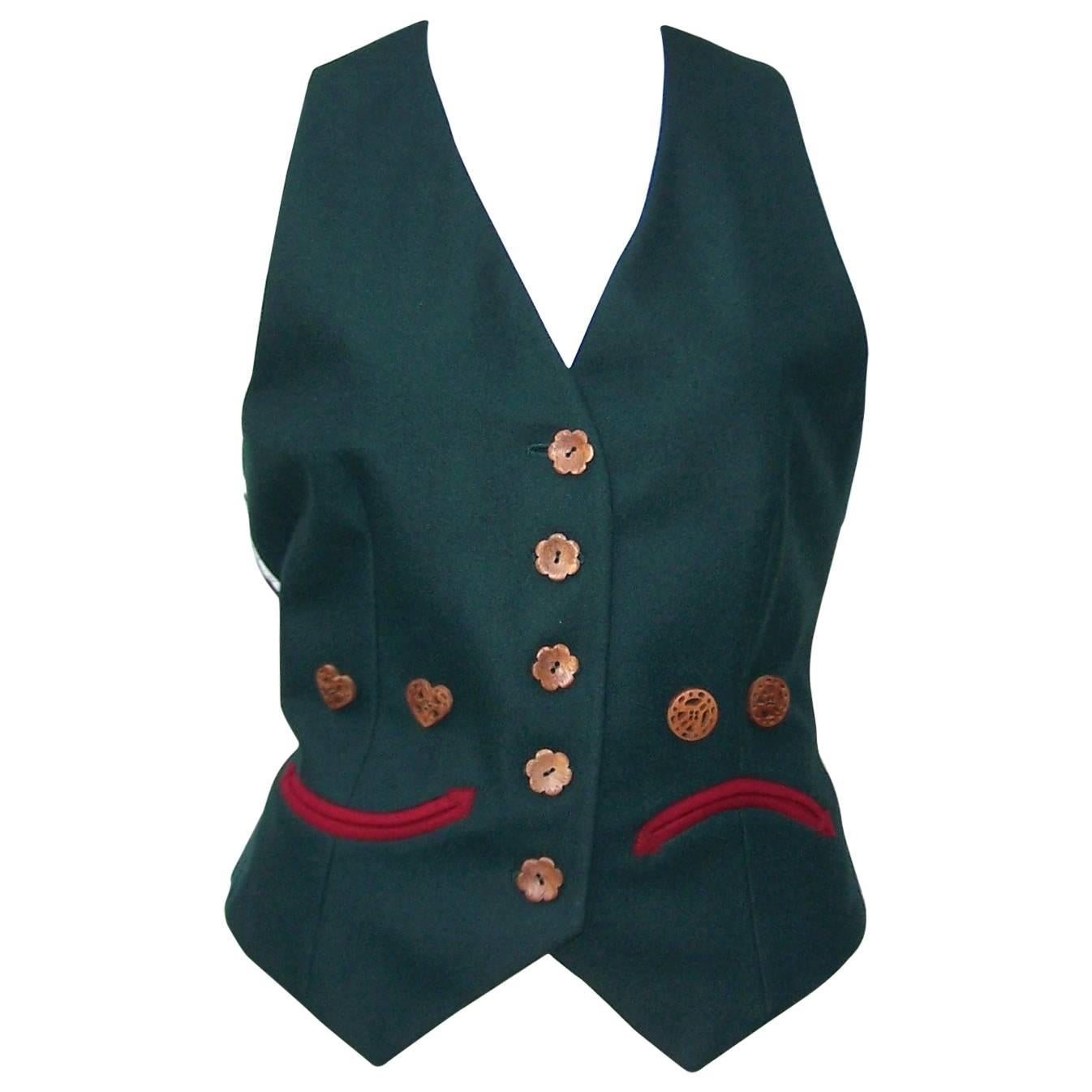 1990's Cheap and Chic Moschino Gingerbread Face Vest With Wood Buttons