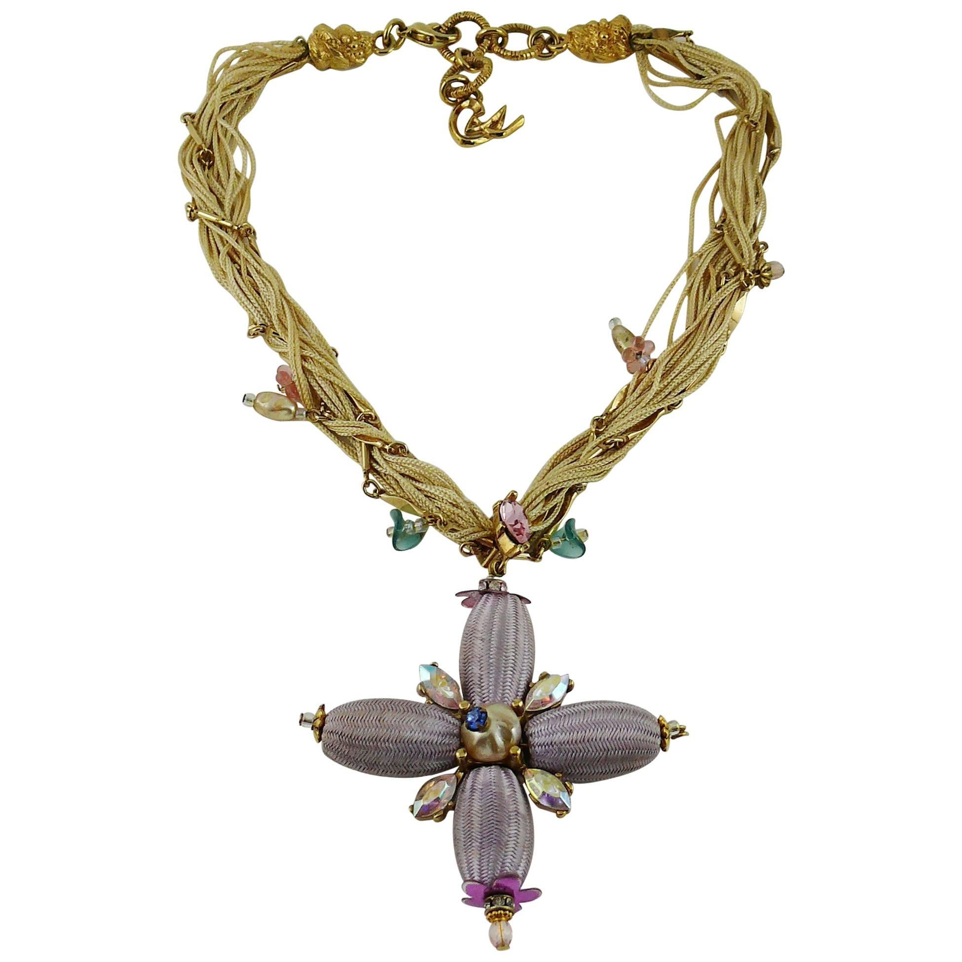 Christian Lacroix Vintage Jewelled Cross Pendant Necklace For Sale