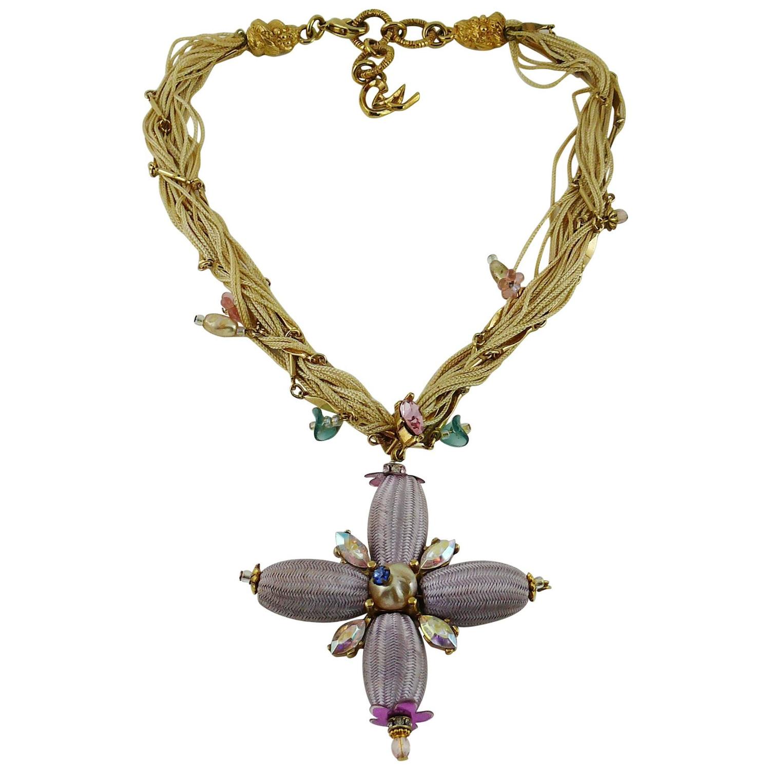 Christian Lacroix Vintage Jewelled Cross Pendant Necklace For Sale at 1stdibs