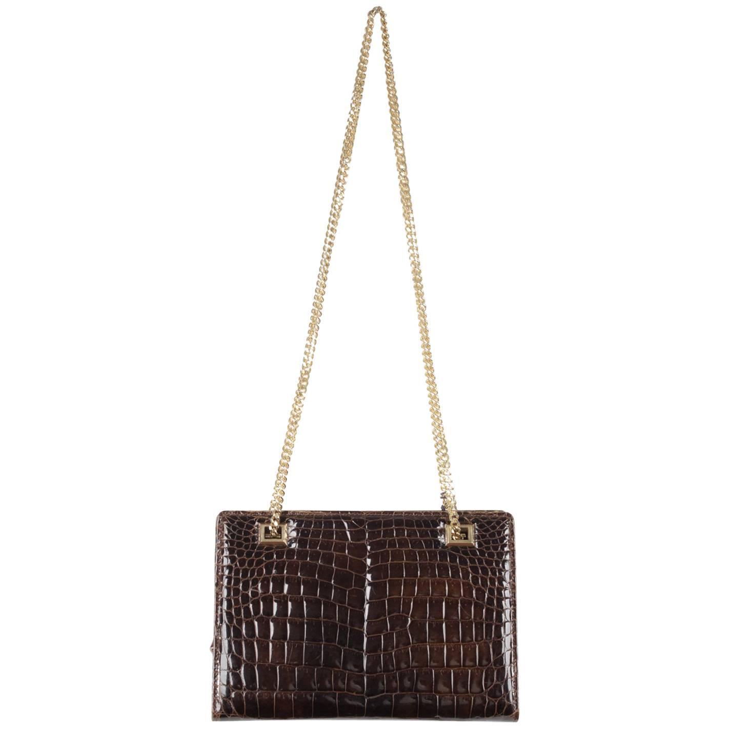 Gucci Vintage Brown Crocodile Leather Shoulder Bag W Chain Straps Gucci Vintage Brown Crocodile Leather Shoulder Bag W Chain Straps For At 1stdibs