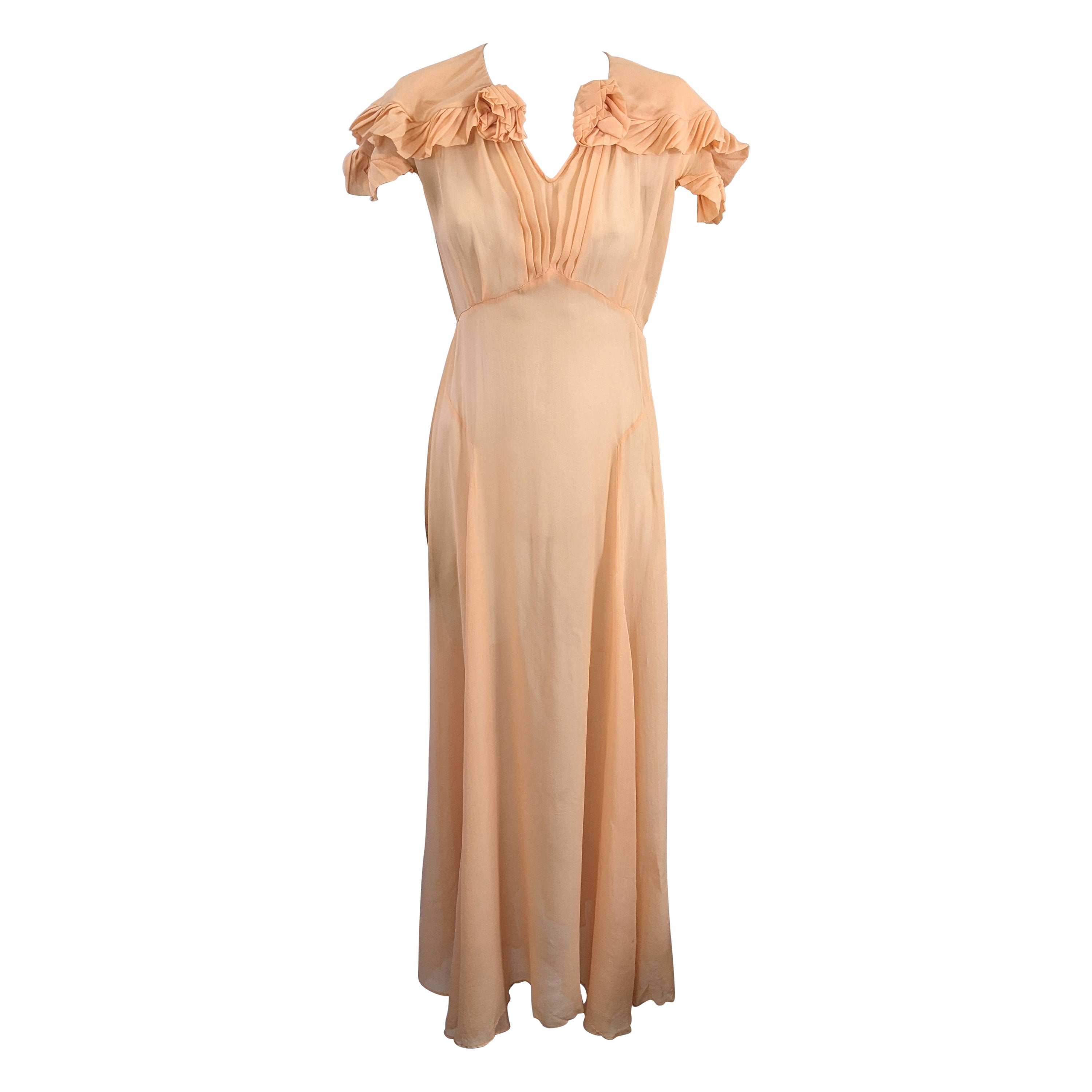 Peach Silk Chiffon Art Deco Pleated Edge Trimmed Gown For Sale
